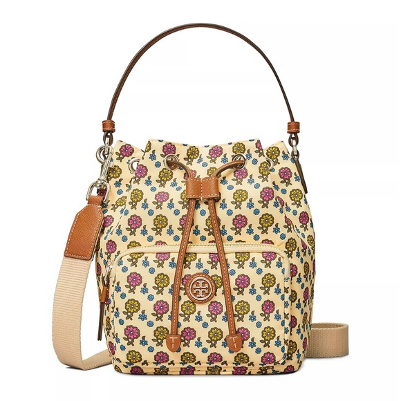 Authentic TORY BURCH leather/canvas bucket drawstring crossbody - Picture 3 of 16